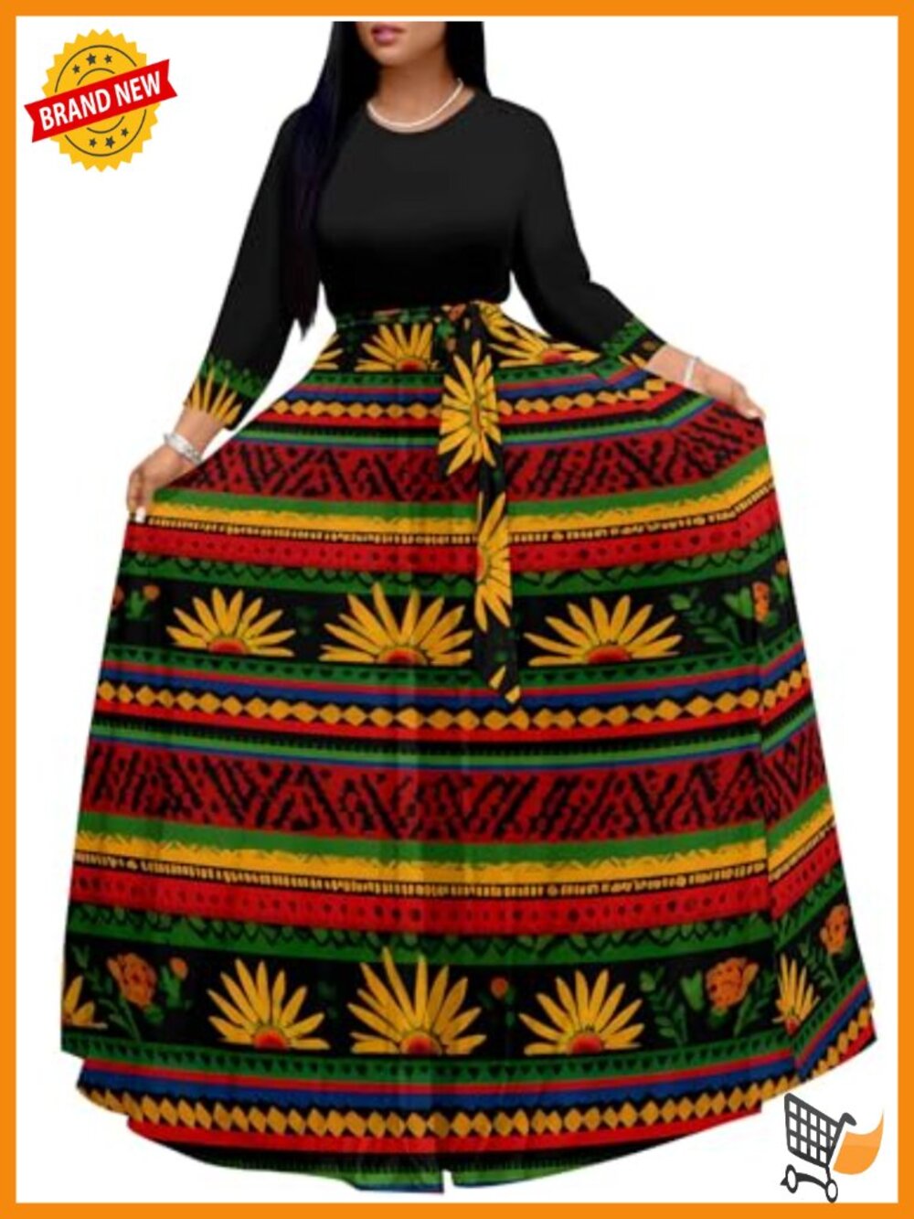 Plus Size Maxi Dress with Pockets Belt 3/4 Sleeve Crewneck